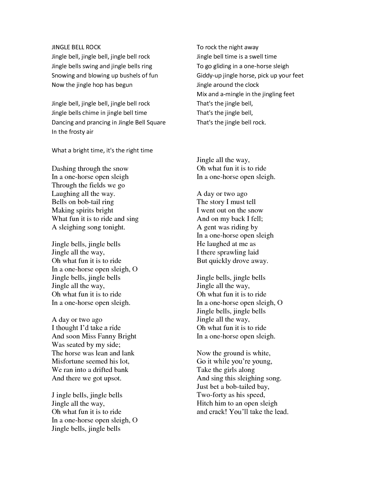 Lyrics For Jingle Bell Rock Printable
