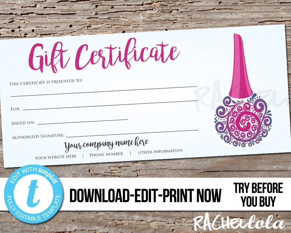 Nail Salon Gift Certificate Printable Template Digital Etsy Printable Gift Certificate Gift Certificate Template Salon Gifts