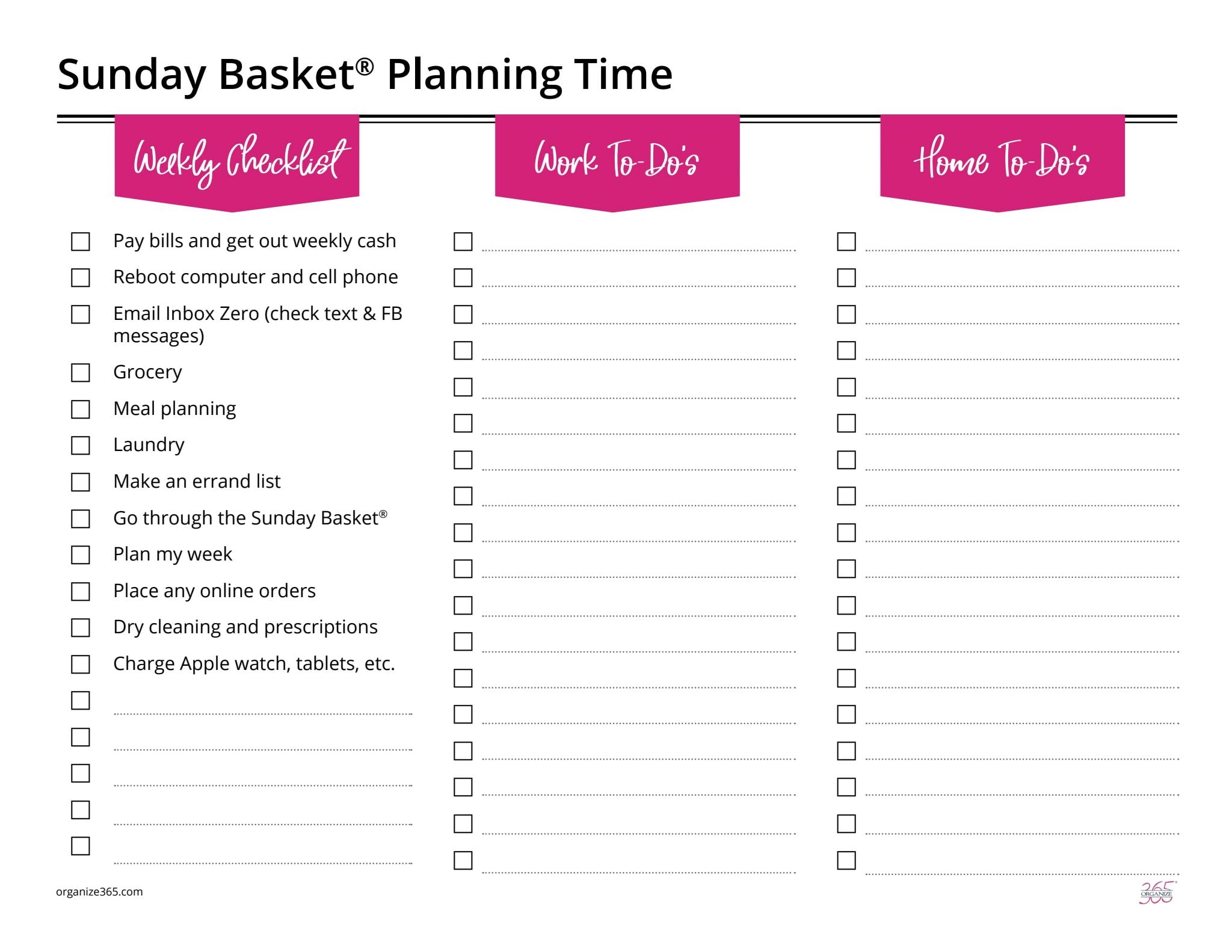Organize 365 Sunday Basket Planning Printables