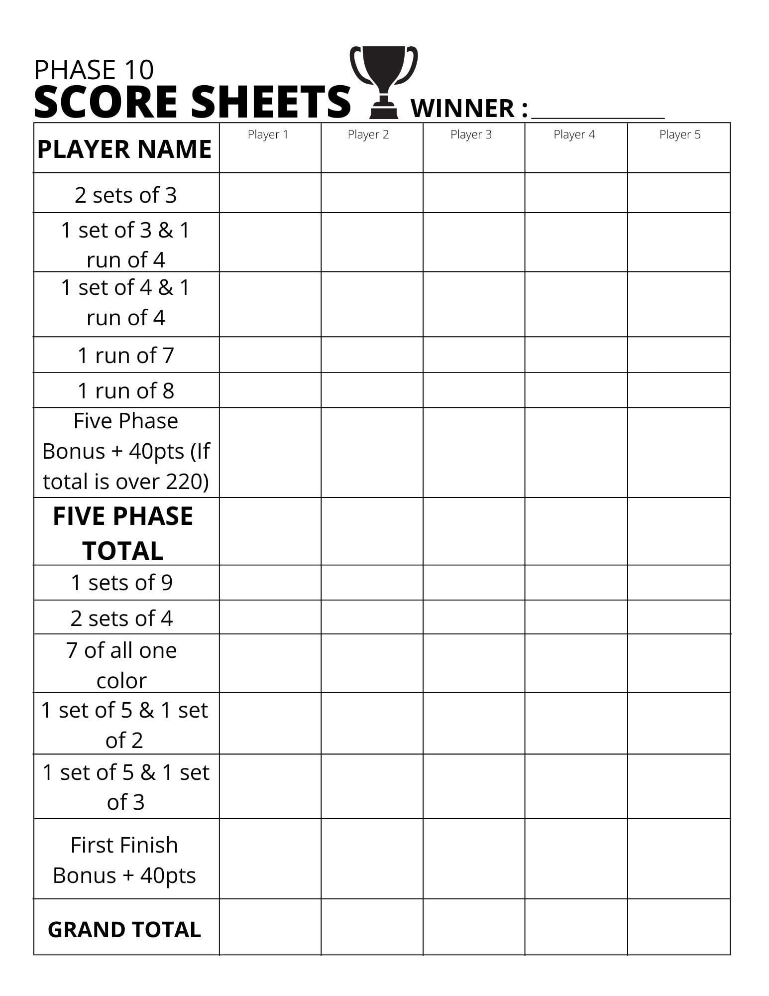 Phase 10 Scoreboard Score Sheet Printable PDF Etsy de