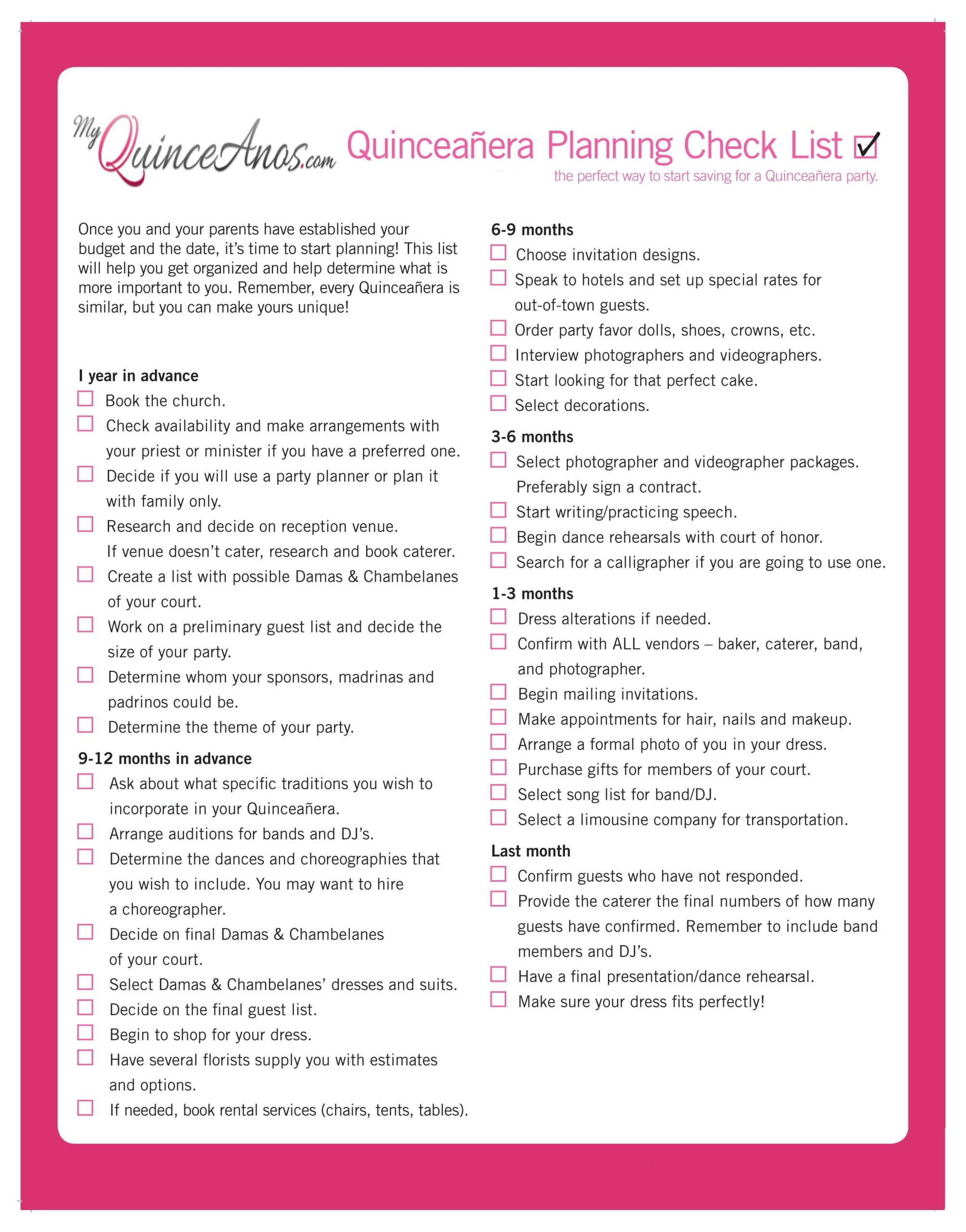 Printable Quinceanera Checklist Template