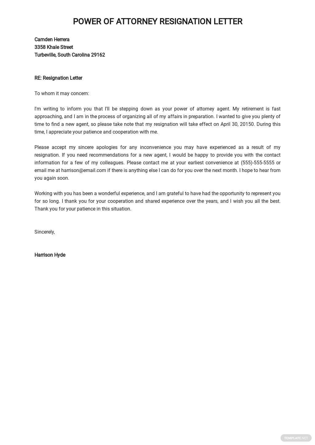 Power Of Attorney Resignation Letter Template Google Docs Word Template 