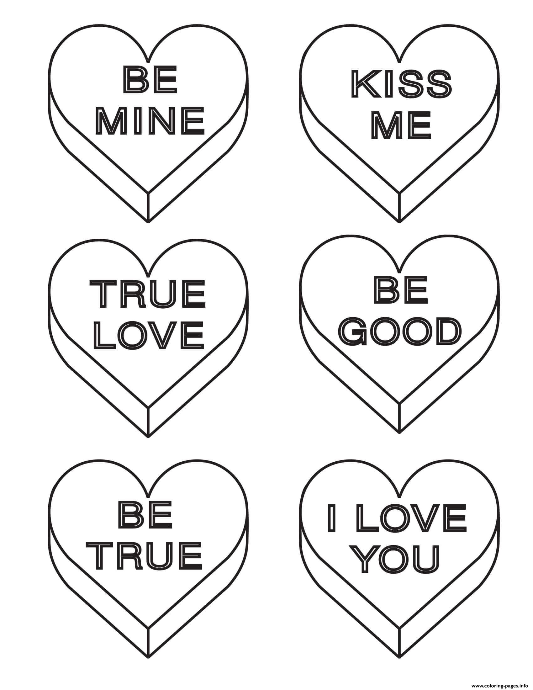 Print Valentine Conversation Hearts Coloring Pages Heart Coloring Pages Valentines Conversation Hearts Valentine Coloring Pages