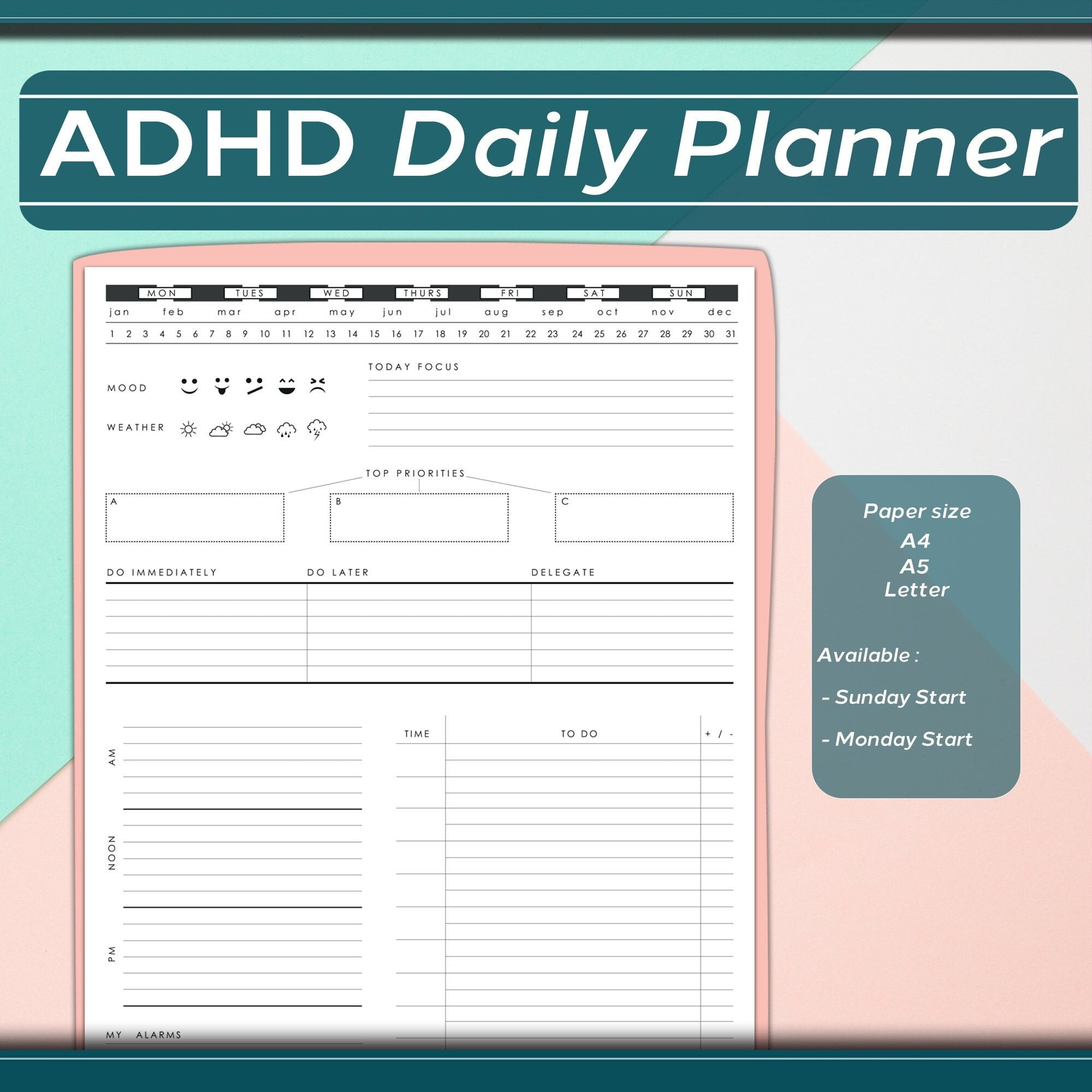 Printable ADHD Daily Planner In Various Different Sizes Etsy de