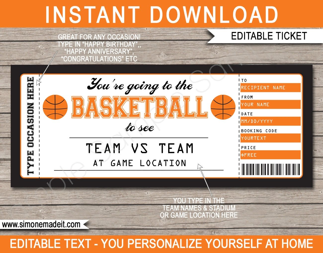 Printable Basketball Ticket Gift Editable Template Surprise Etsy de