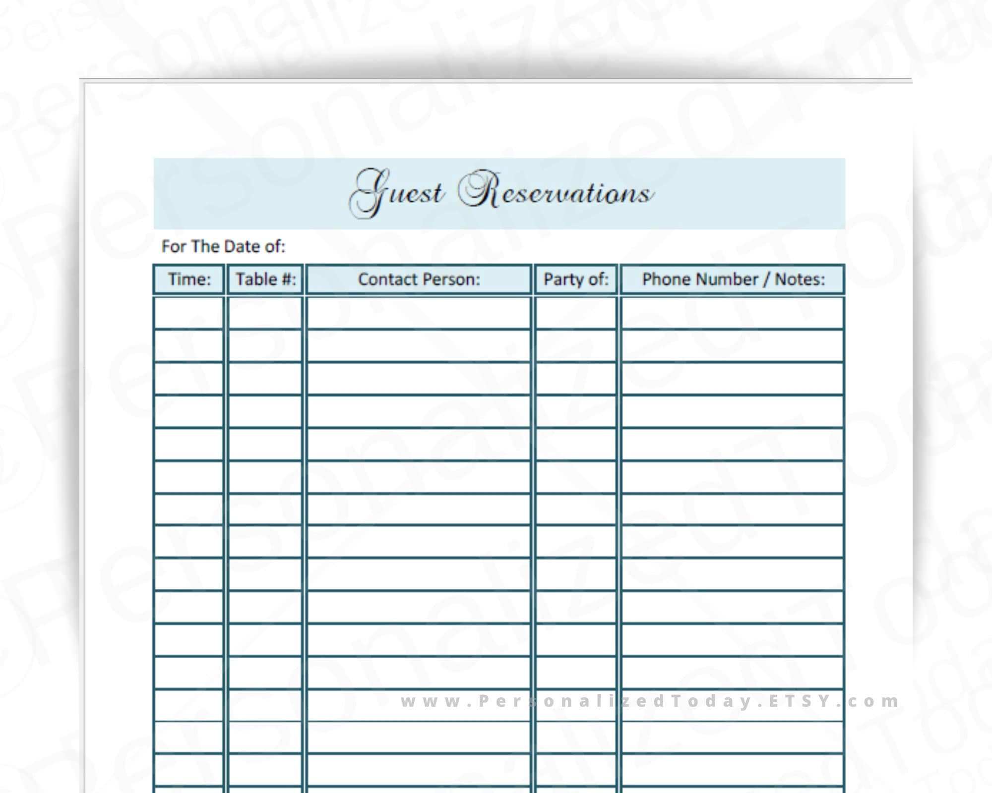Printable Reservation Sheet Restaurant Guest List PDF For DIY Etsy de