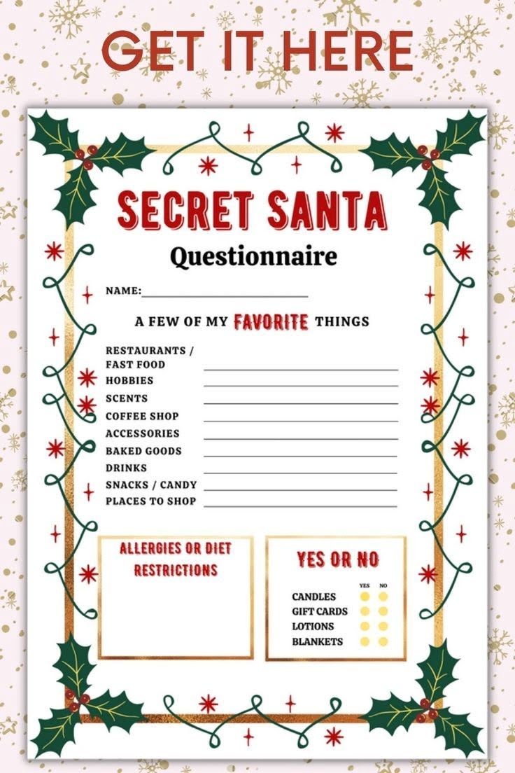 Printable Secret Santa Questionnaire For Christmas Gift Etsy Canada Work Secret Santa Secret Santa Secret Santa Questionnaire