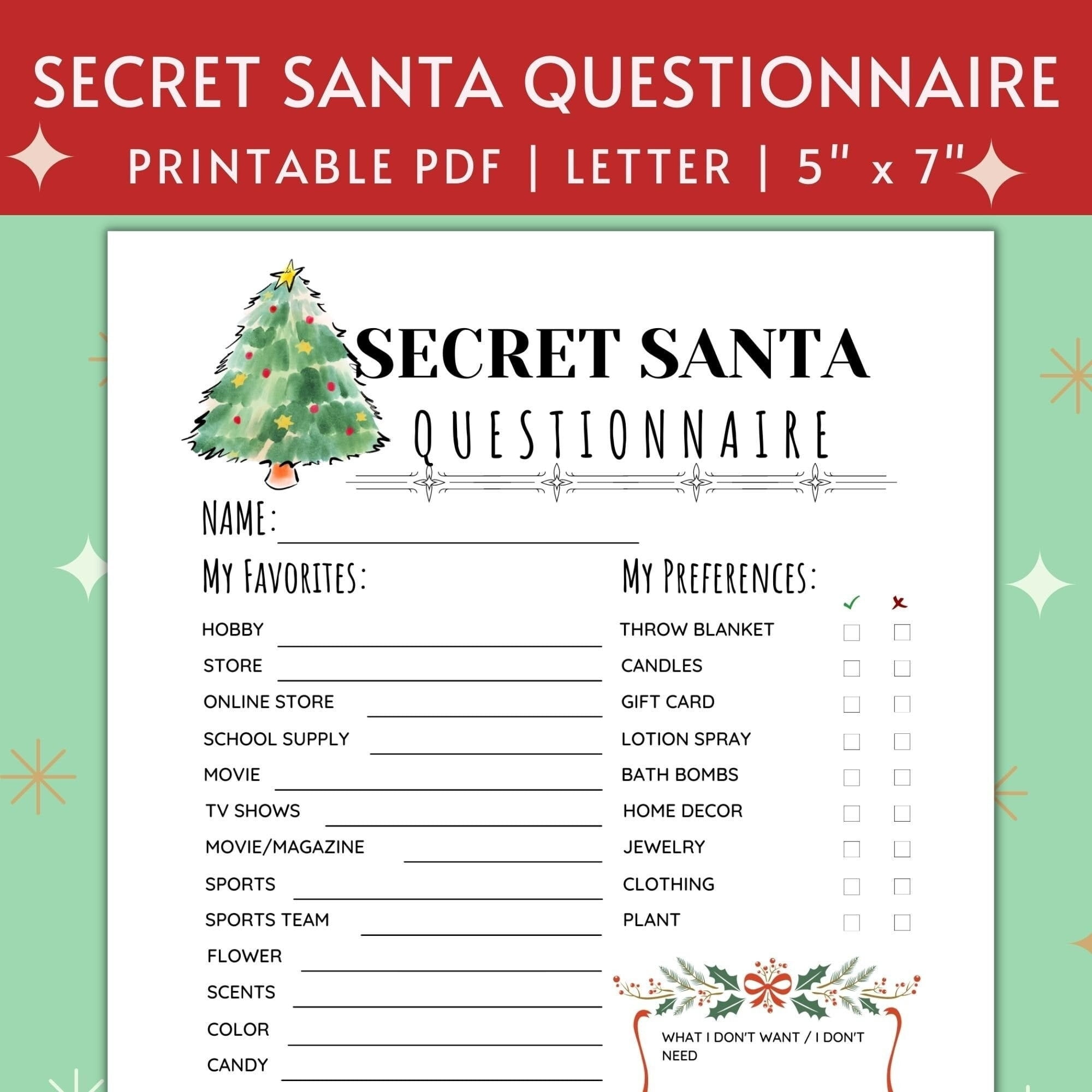 Printable Secret Santa Questionnaire For Christmas Gift Etsy de