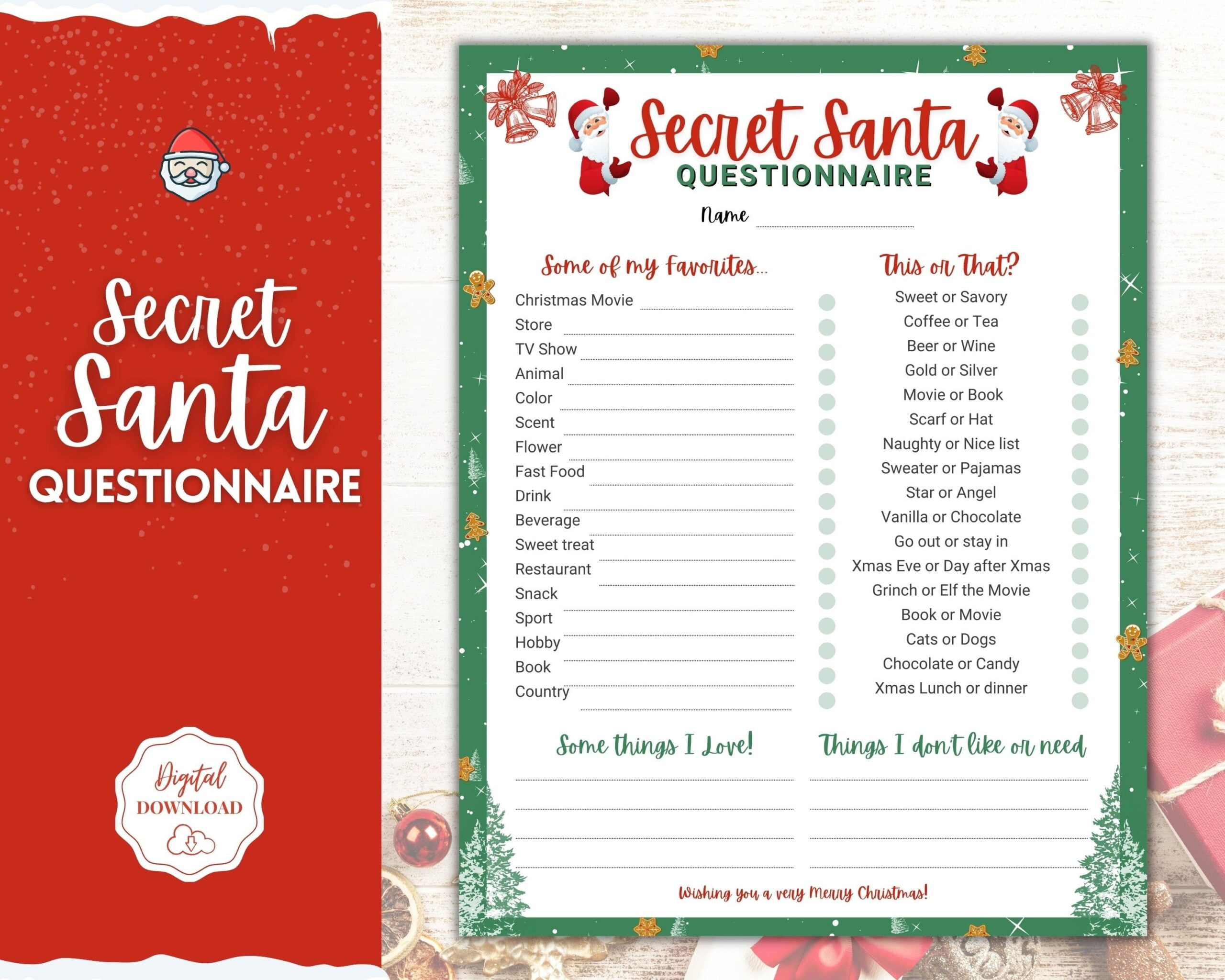 Printable Secret Santa Questionnaire Holiday Gift Exchange Etsy de