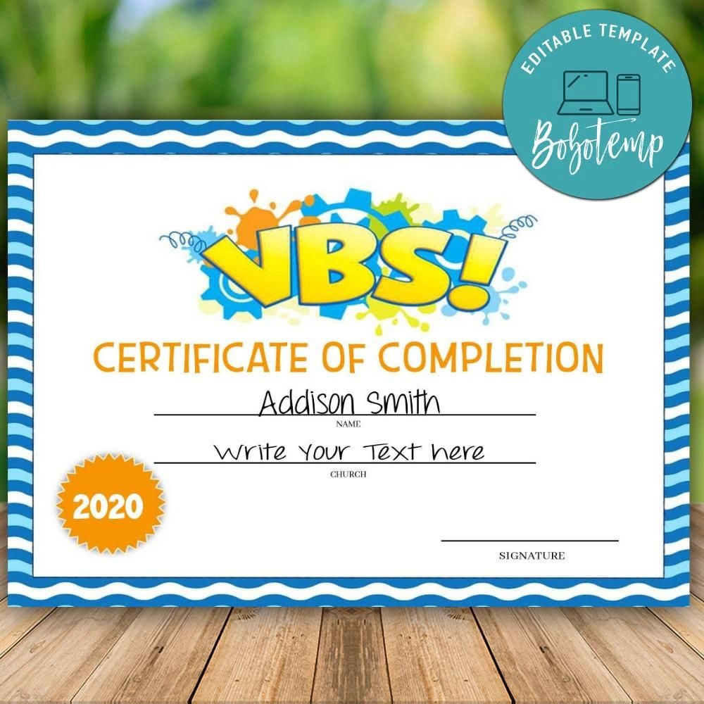 Printable VBS Vacation Bible School Certificate Of Completion DIY Bobotemp