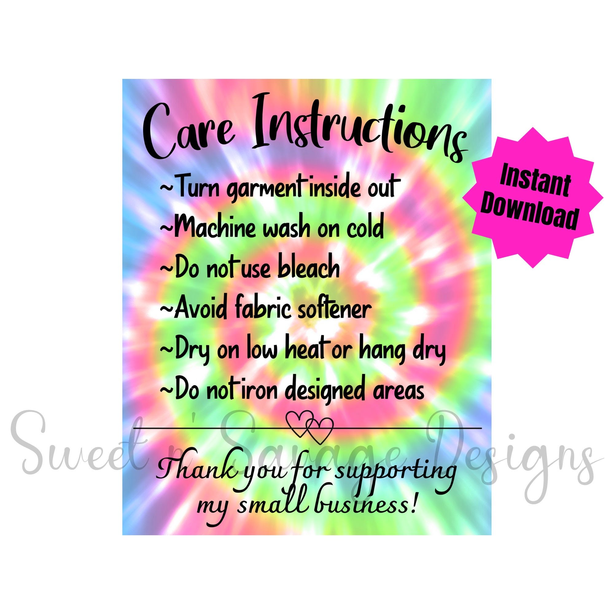 READY To PRINT Shirt Care Instructions Tie Dye Care Cards Etsy