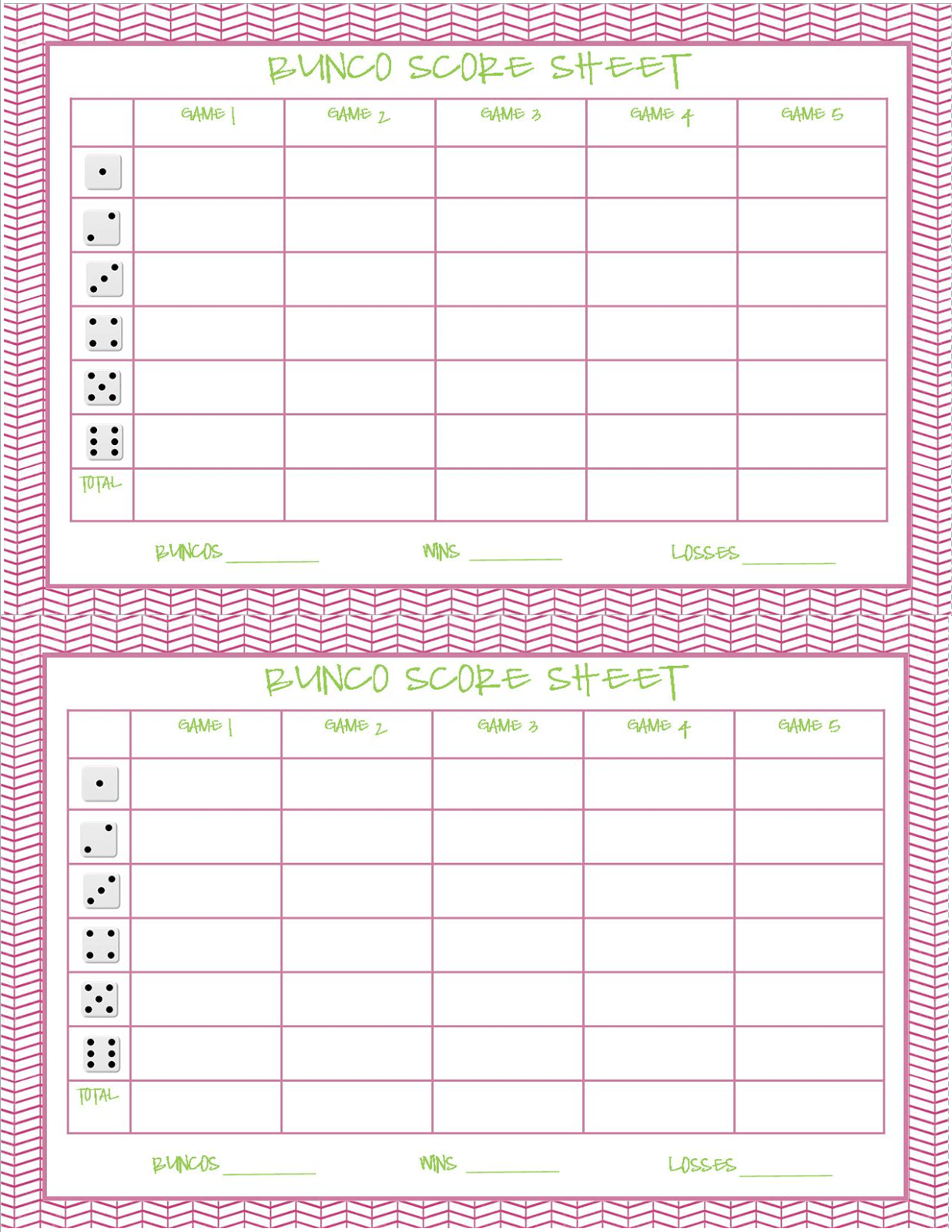 Printable Template Bunco Score Sheets