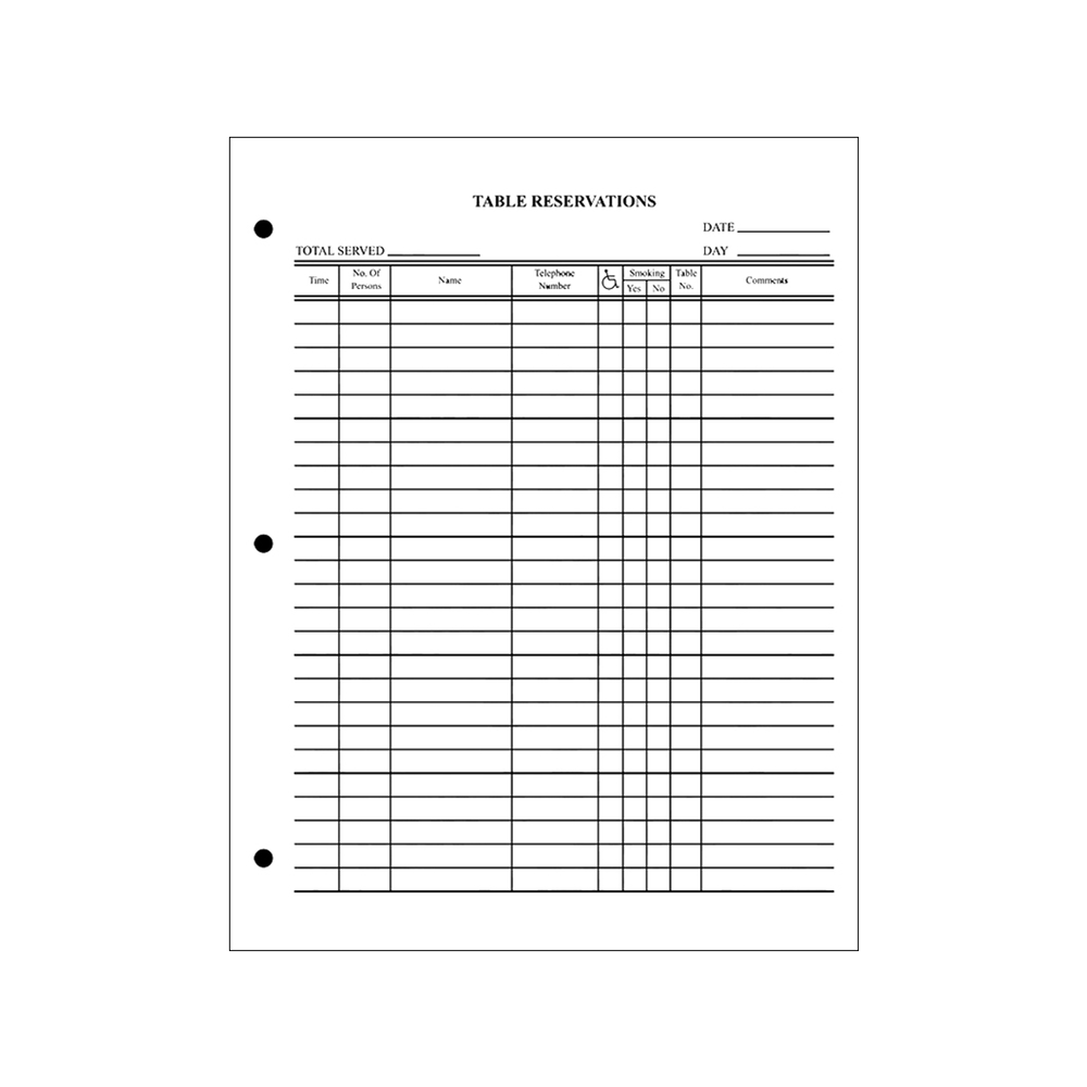 Printable Restaurant Reservation Sheet Template