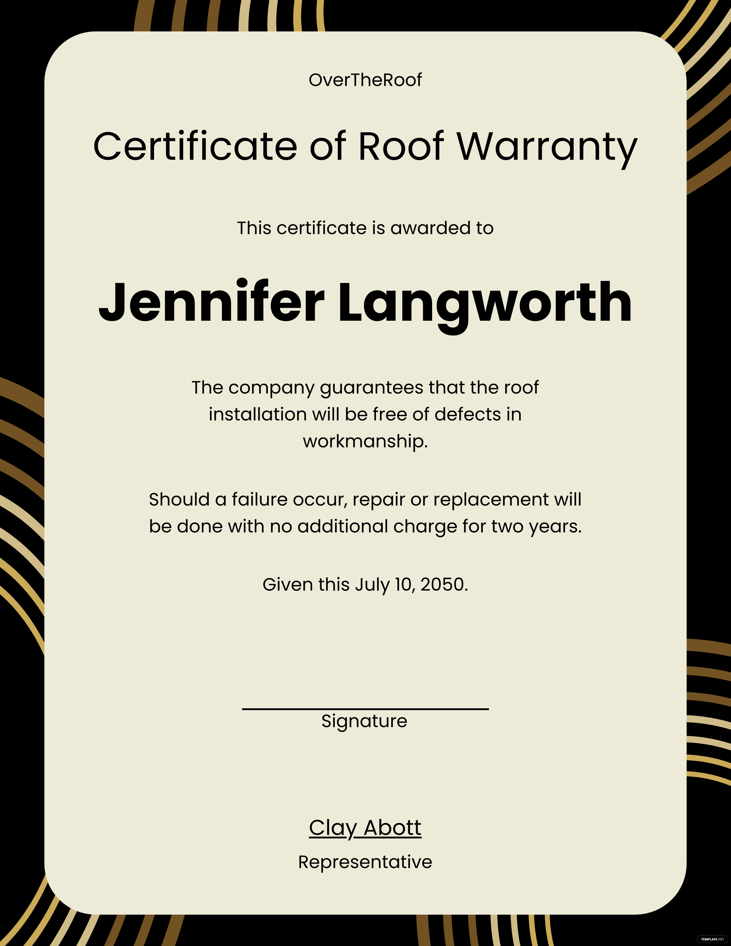 Roofing Warranty Certificate Google Docs Illustrator Word Apple Pages PSD Publisher Template