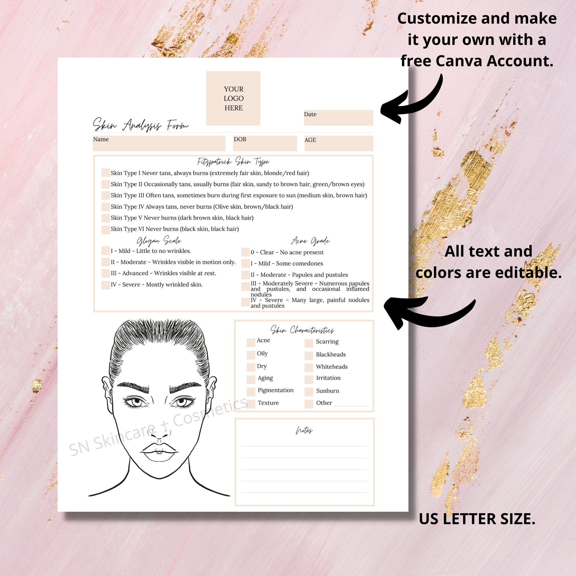 Skin Analysis Form With Face Chart I Skin Consultation I DIY Etsy de
