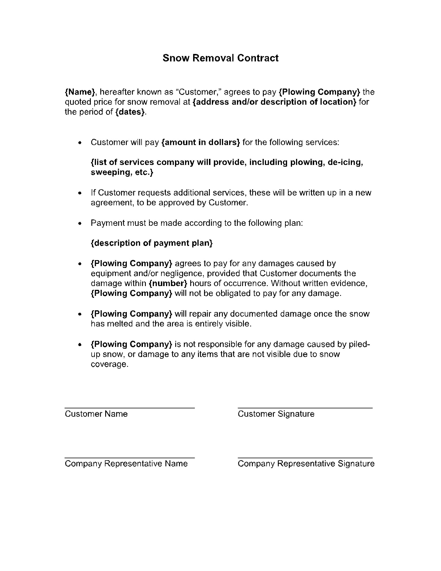 Residential Snow Free Printable Simple Snow Removal Contract Template