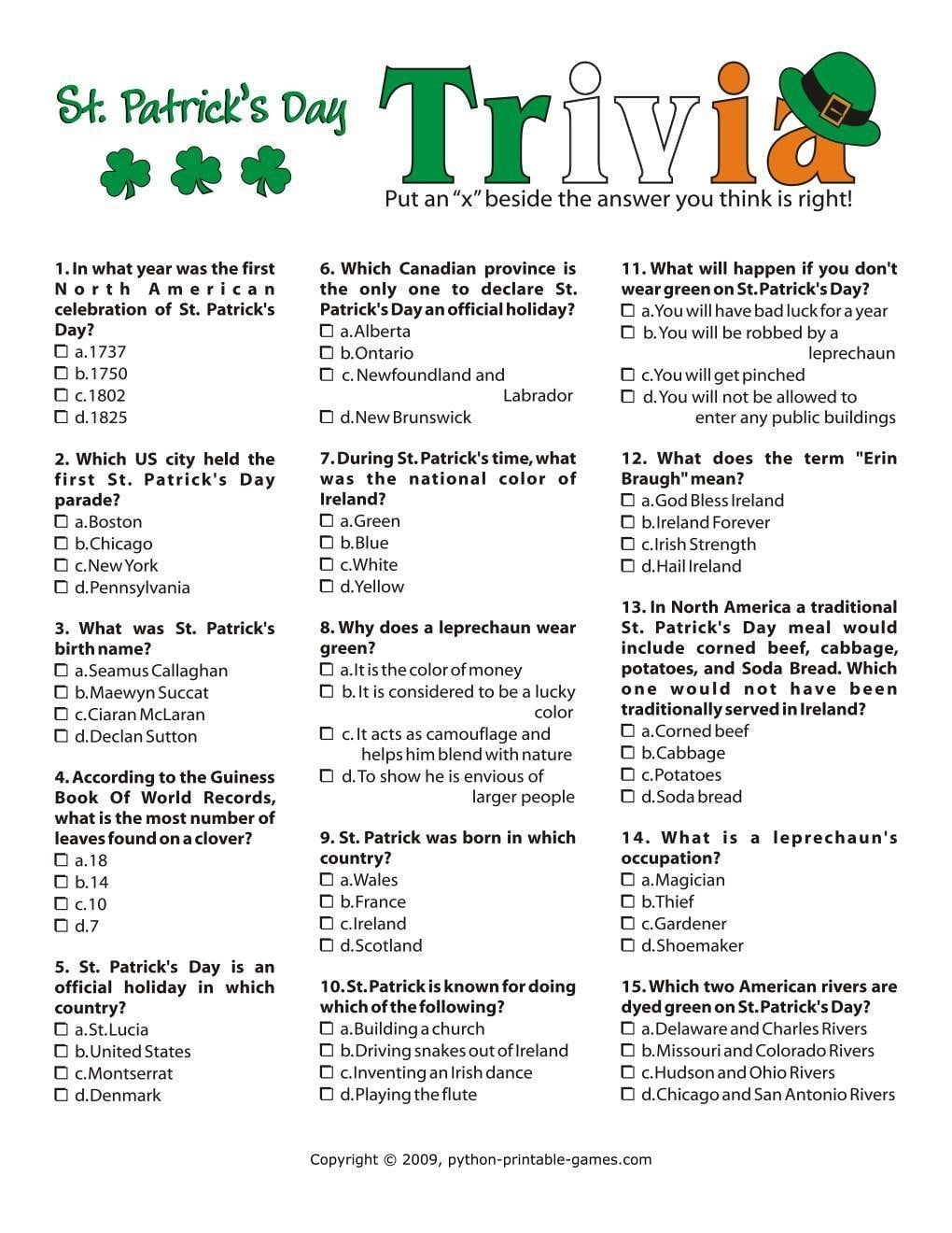 St Patrick's Day Trivia Printable