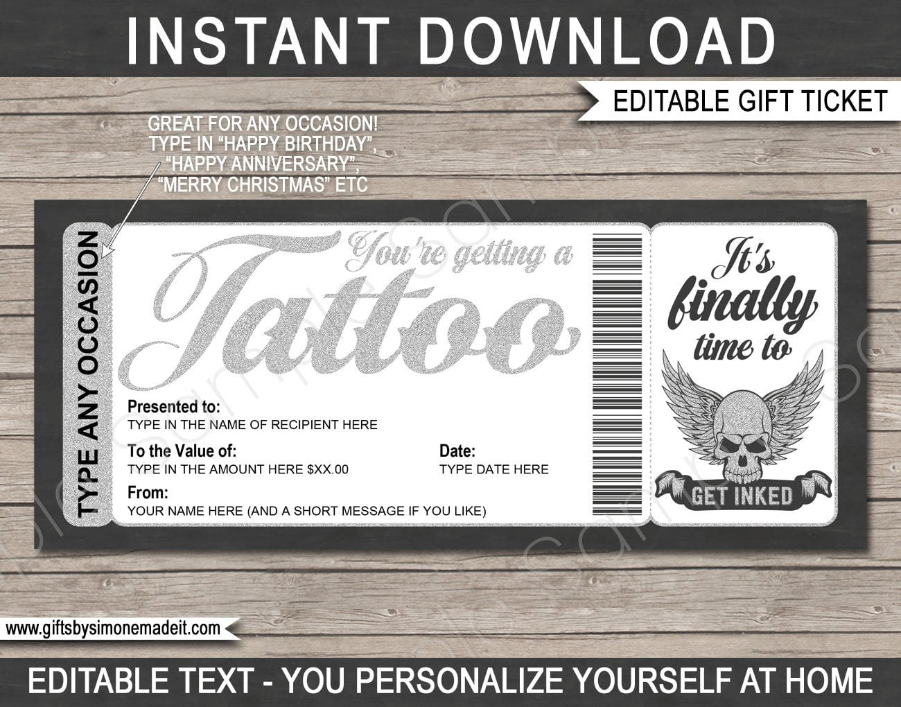 Tattoo Gift Certificate Card Voucher Printable Custom Template Etsy de
