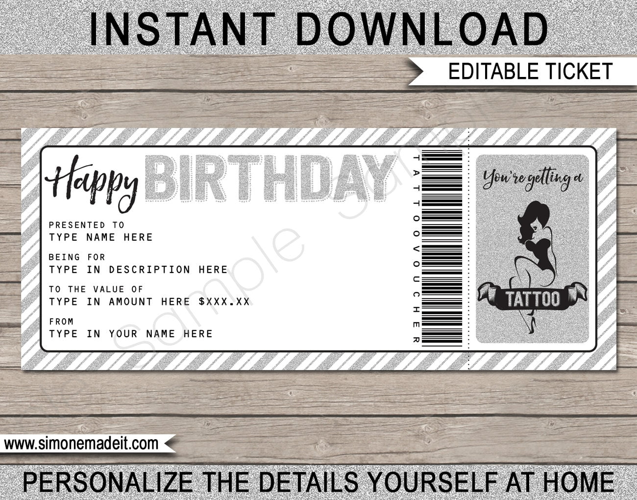 Tattoo Gift Voucher Template Printable Birthday Gift Ticket Etsy de