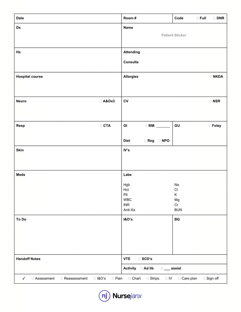 Printable Nurse Report Sheet Template