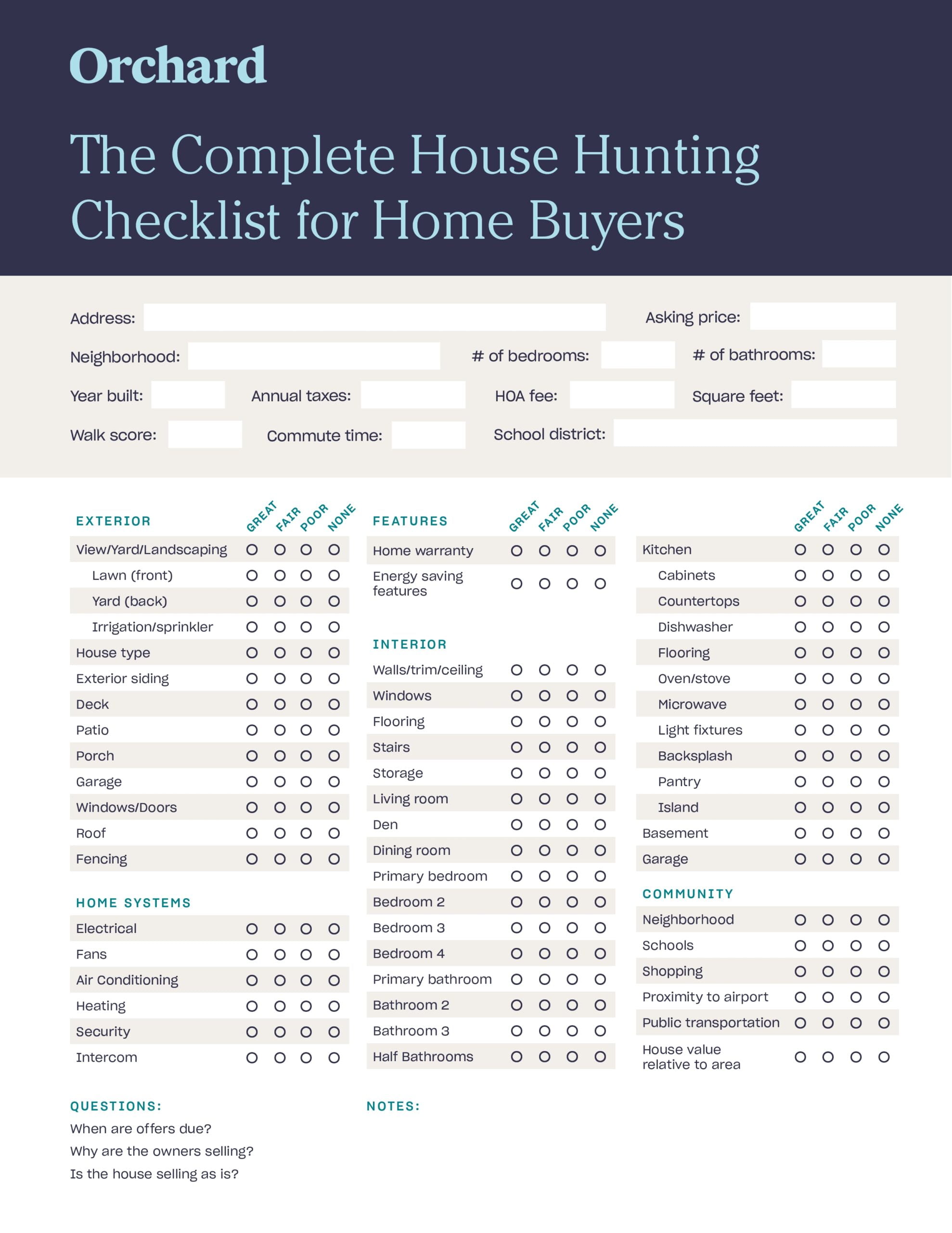 The Complete House Hunting Checklist Free Printable List For Buyers Orchard