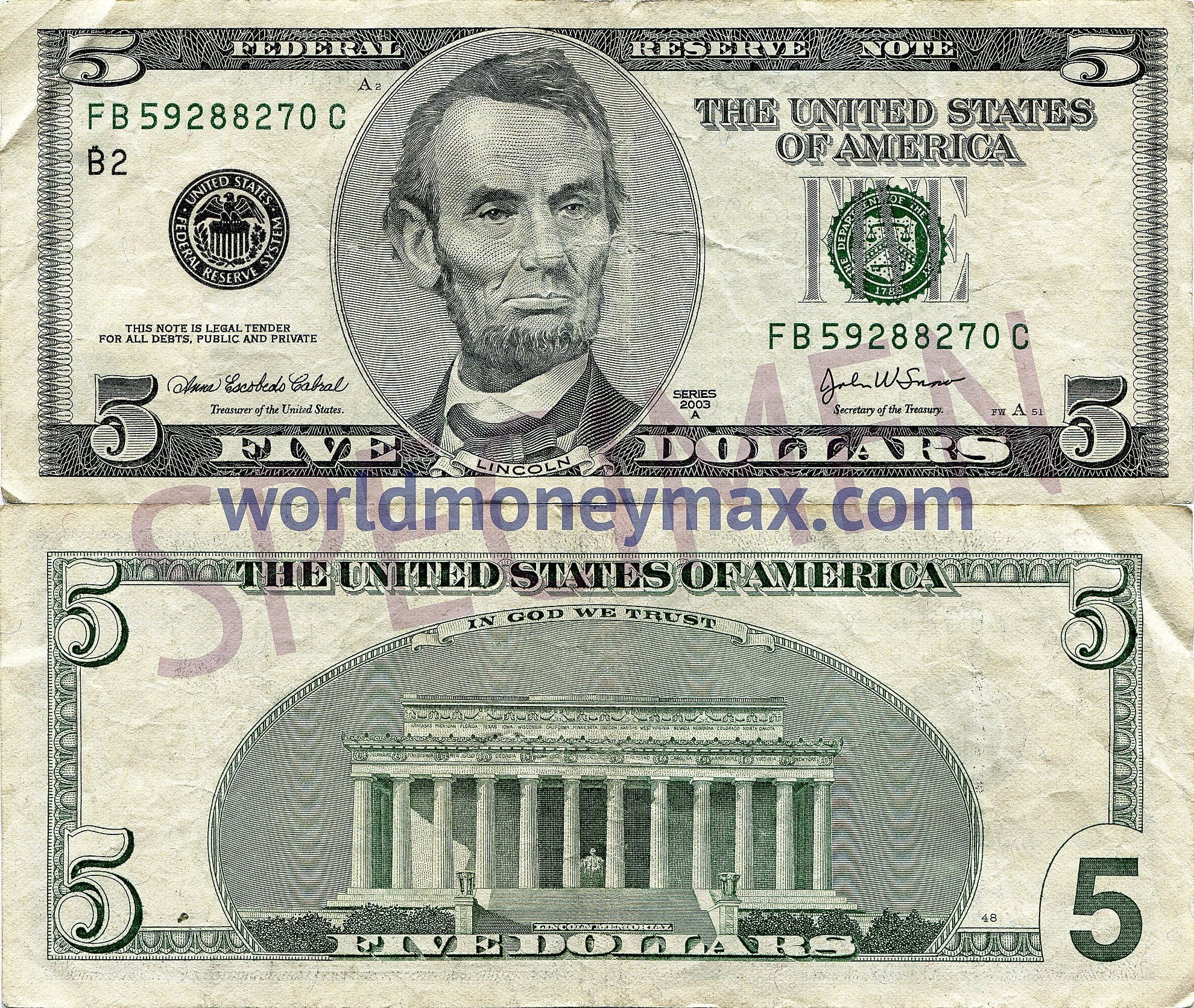 USA 5 Dollar 2003 Banknote 5 Federal Reserve Note FIVE DOLLARS THE UNITED STATES OF AMERICA Linkoln In In God We Trust Federal Reserve Note The Unit