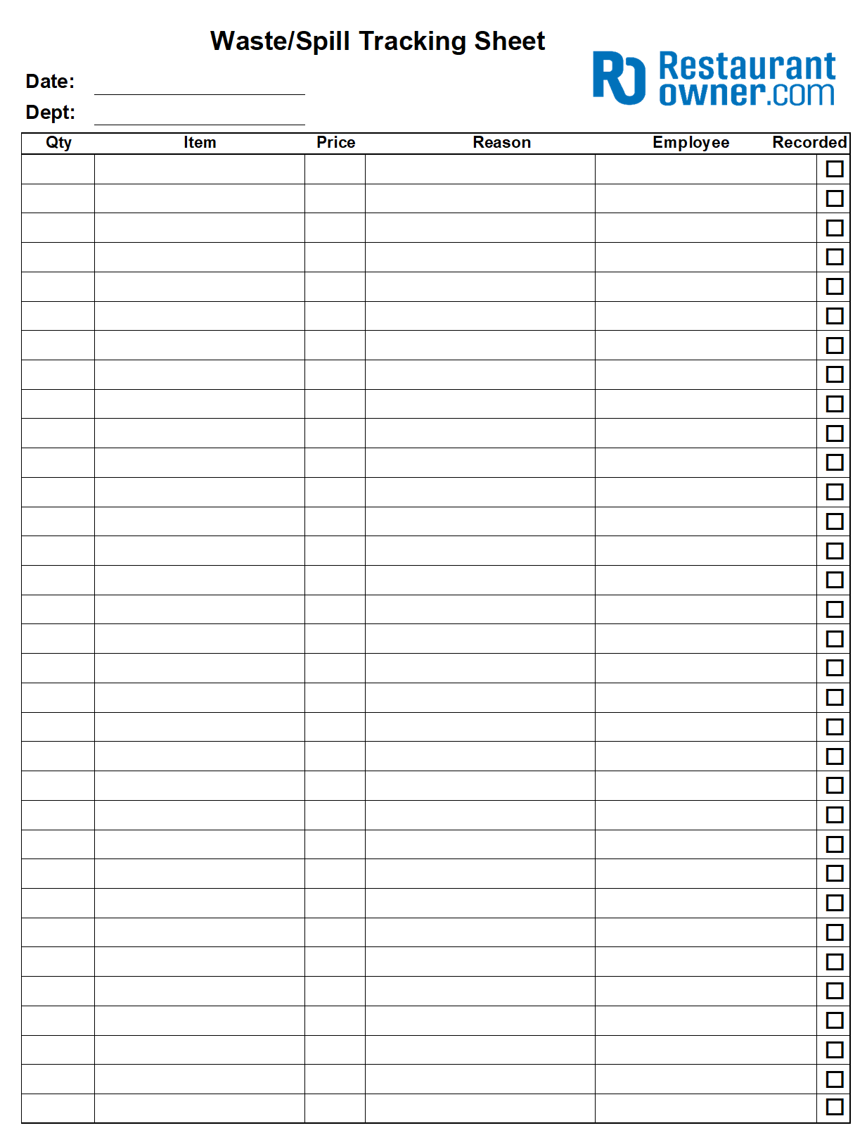 Printable Waste Sheet Template