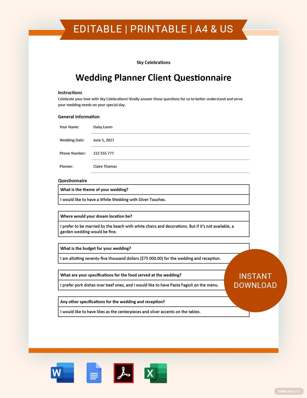 Wedding Planner Client Questionnaire Google Docs Google Sheets Excel Word PDF Template