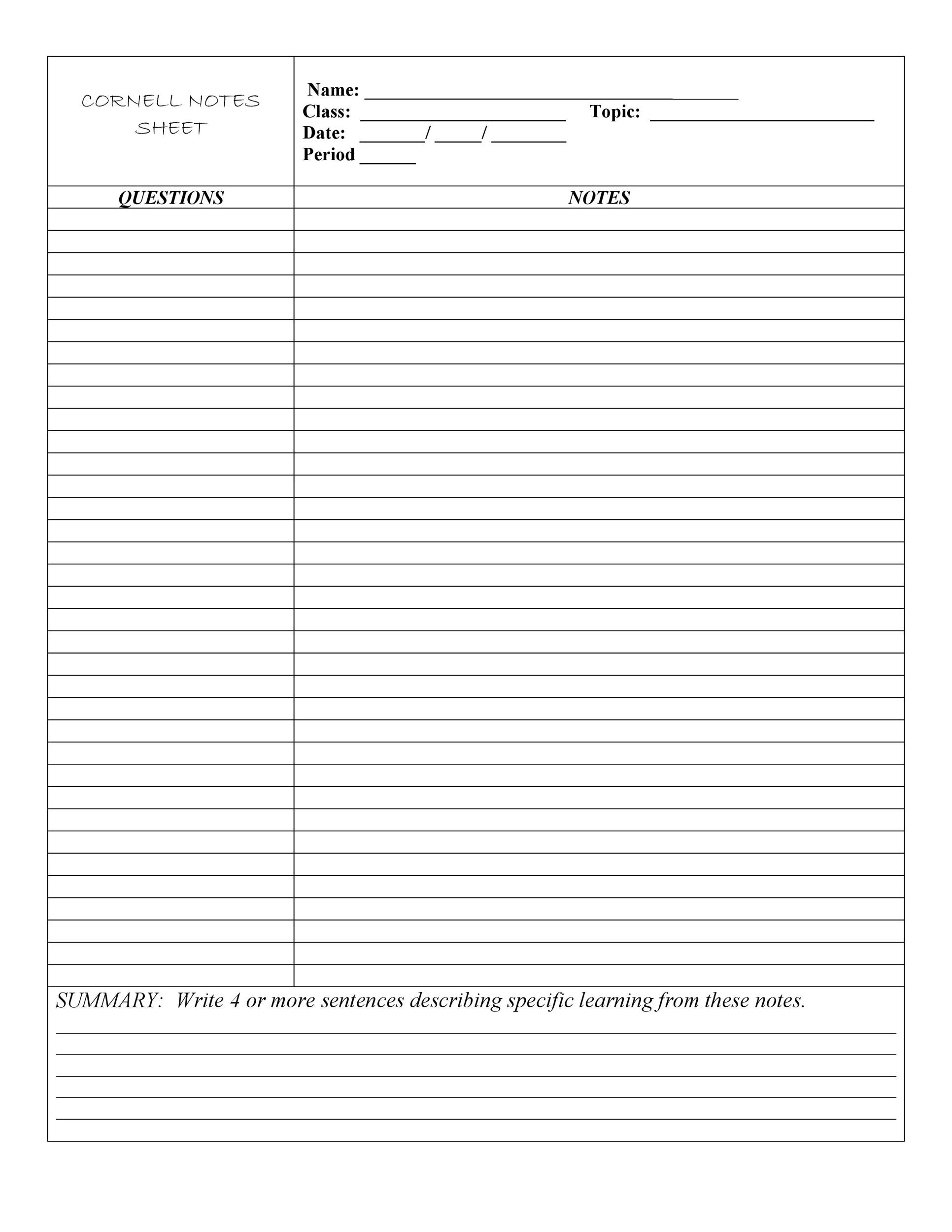 Printable Cornell Notes Template Pdf