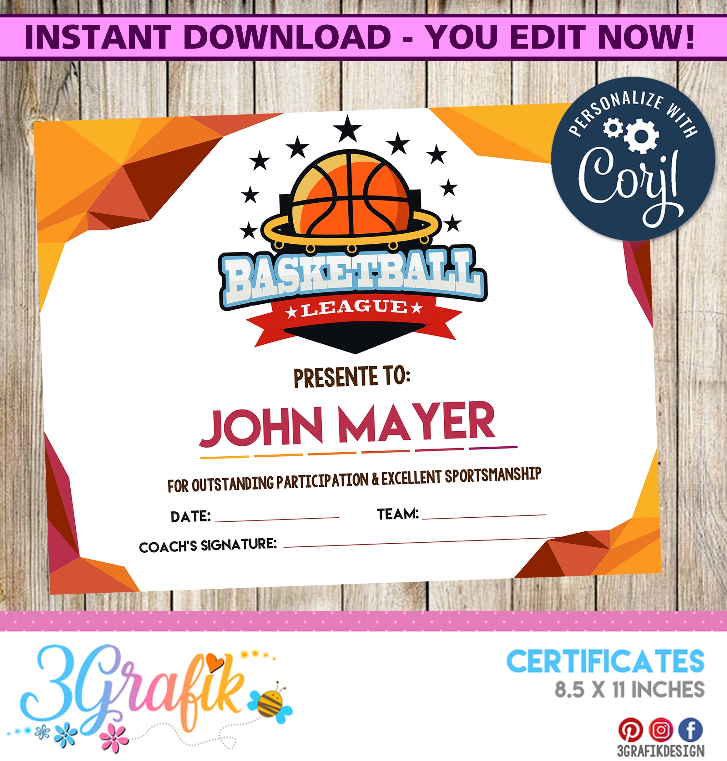 Basketball Certificate 3Grafik Printable Products For Yours Party s Invitations Centerpieces Cupcakes More