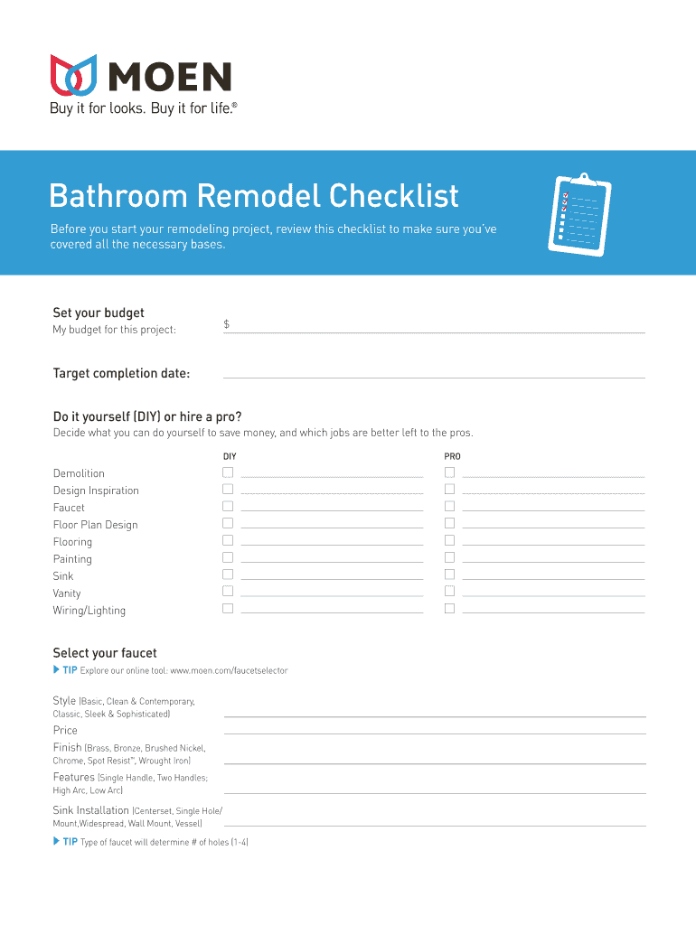 Bathroom Remodel Checklist Pdf Fill Online Printable Fillable Blank PdfFiller