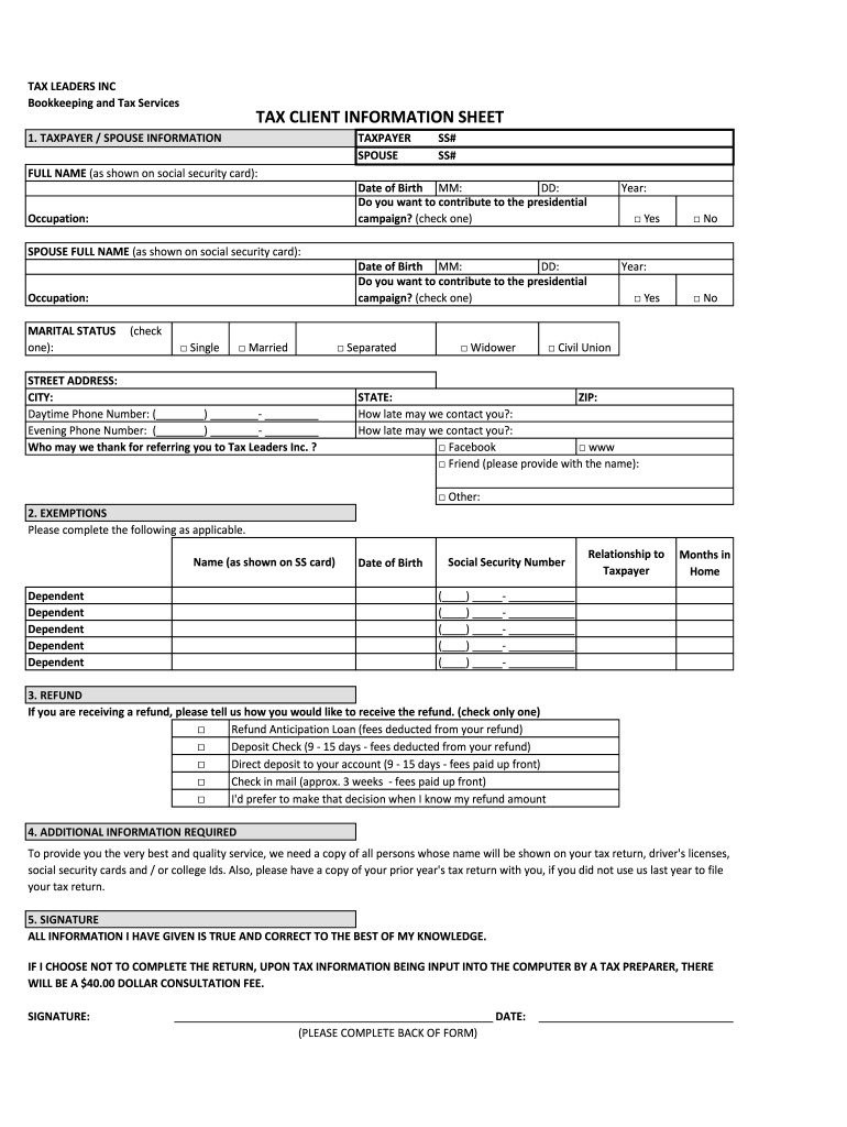 Printable Tax Client Information Sheet Template