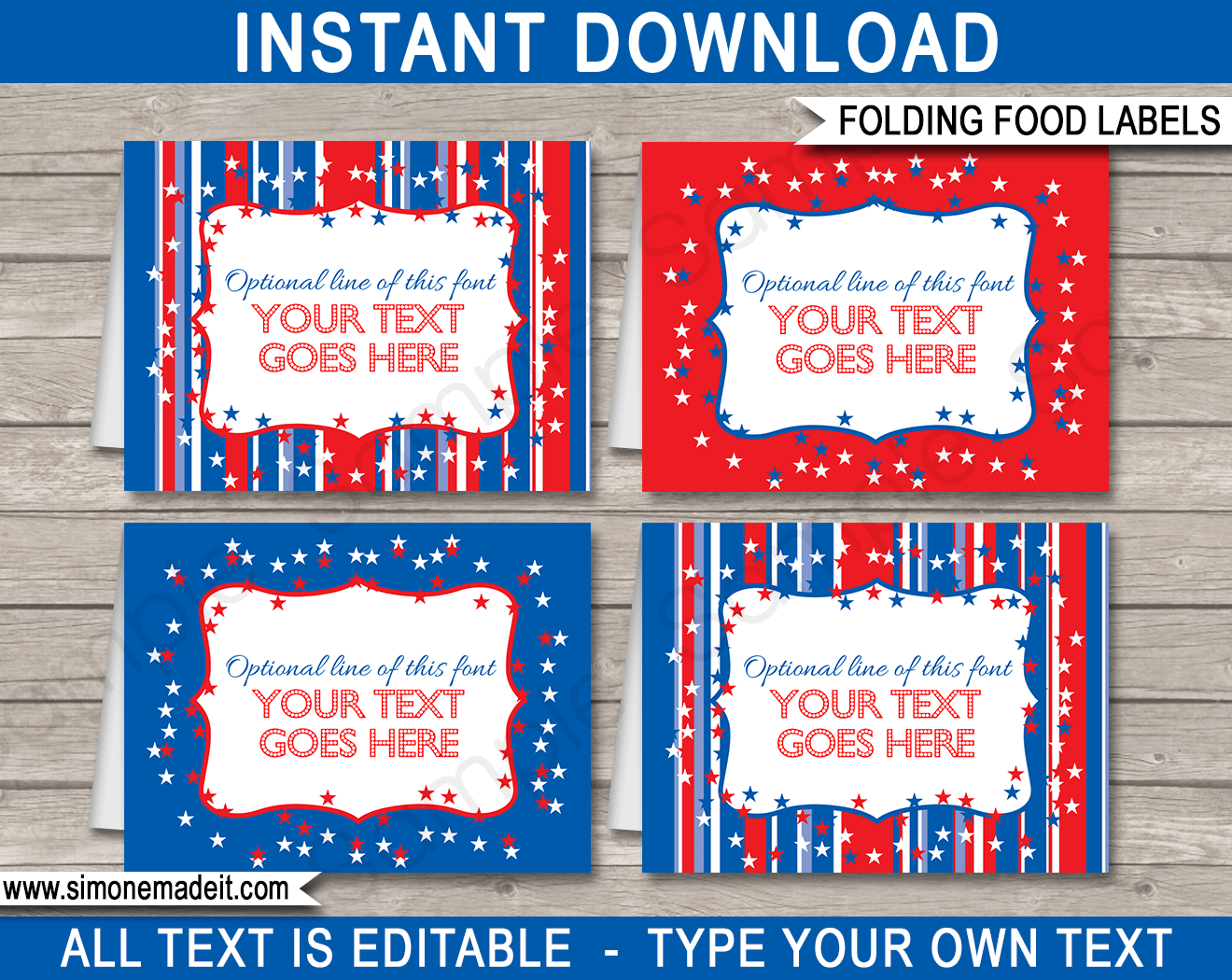 Editable 4th July Party Food Labels Place Cards 4th July Theme