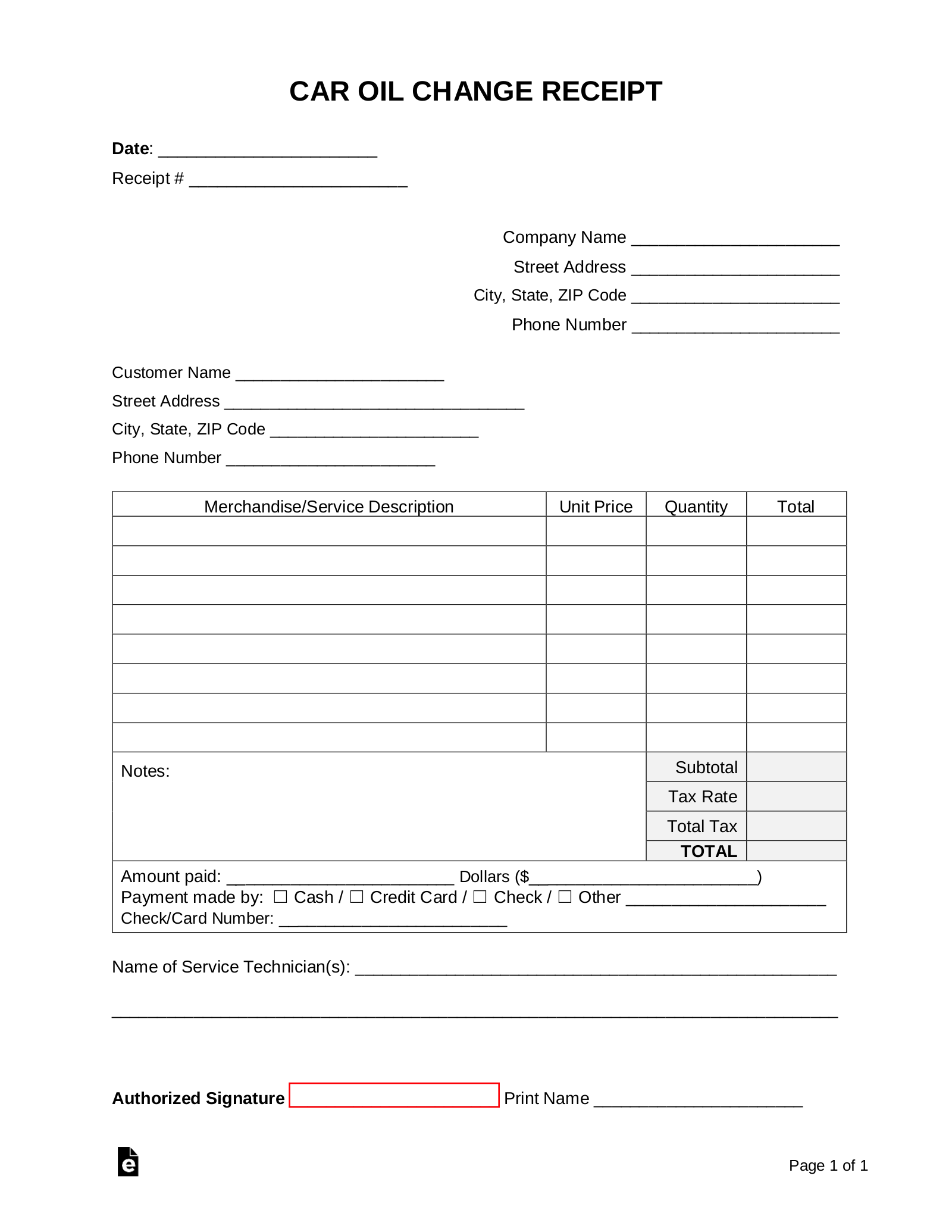 Free Car Oil Change Receipt Template PDF Word EForms