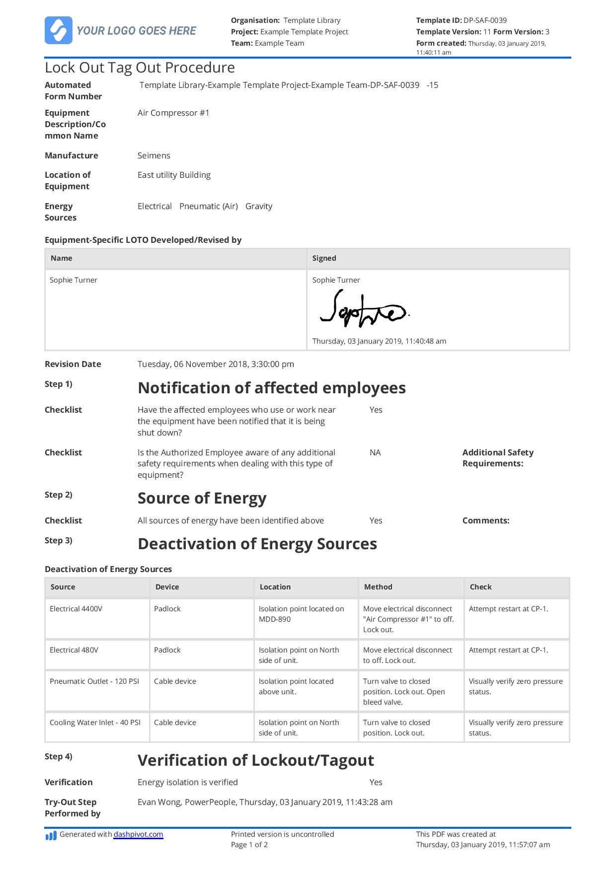 Lock Out Tag Out Procedure Template Free And Customisable