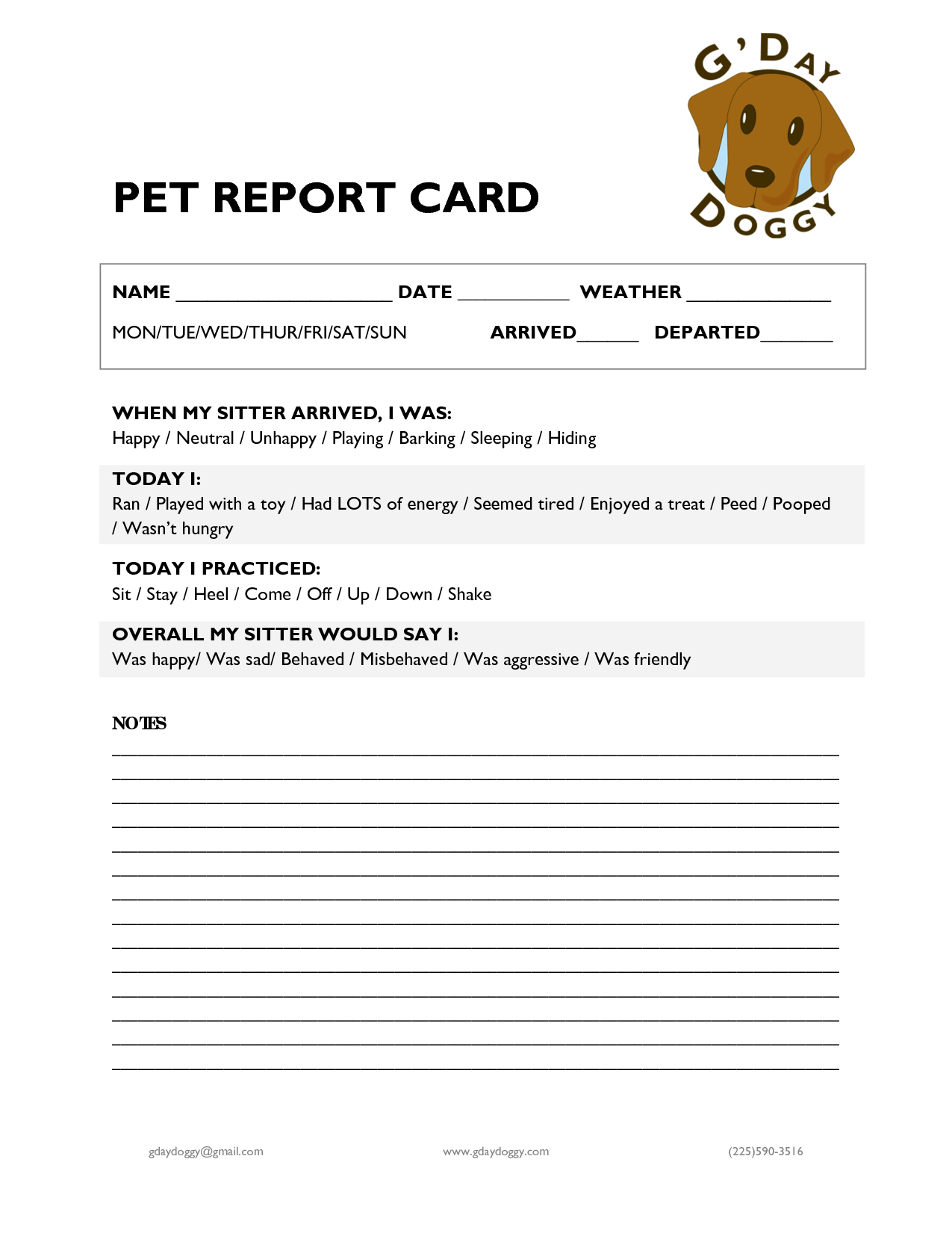 Pet Report Card Dog Daycare Pet Sitting Business Dog Sitting