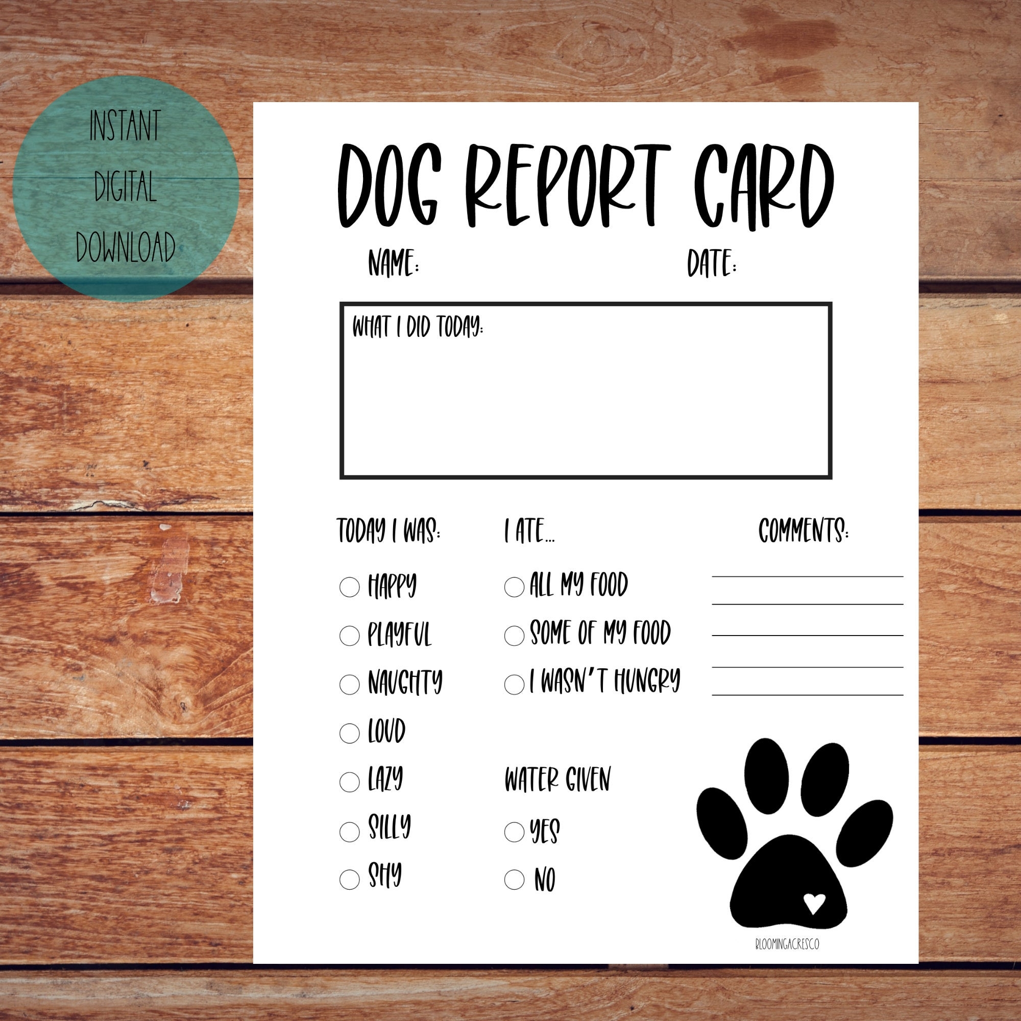 Printable Dog Daycare Report Card Template