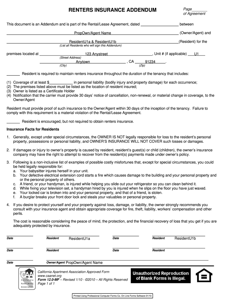 Renters Insurance Addendum Fill Out Sign Online DocHub