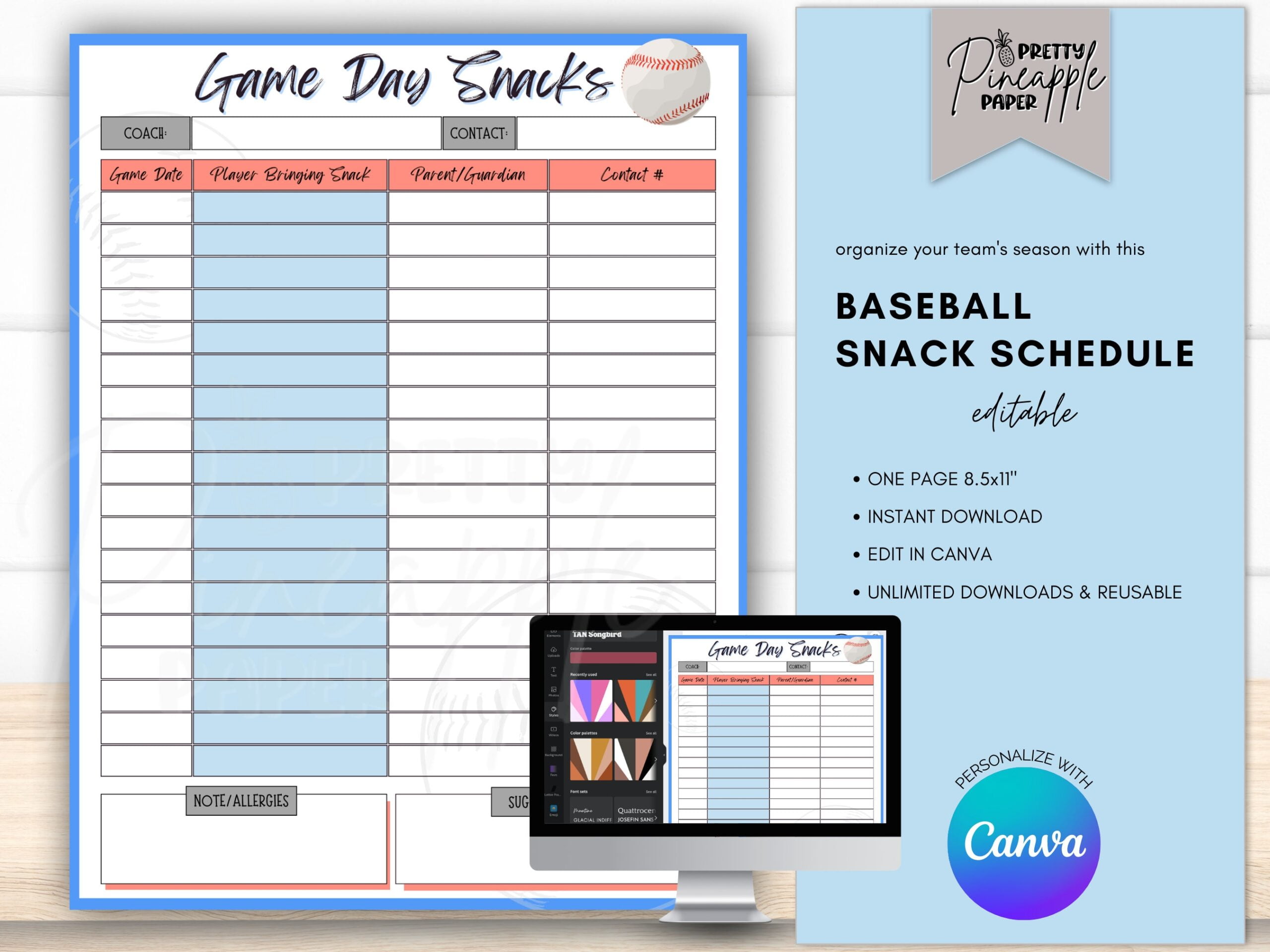 Editable Baseball Game Day Snack Schedule Template Instant Etsy Free