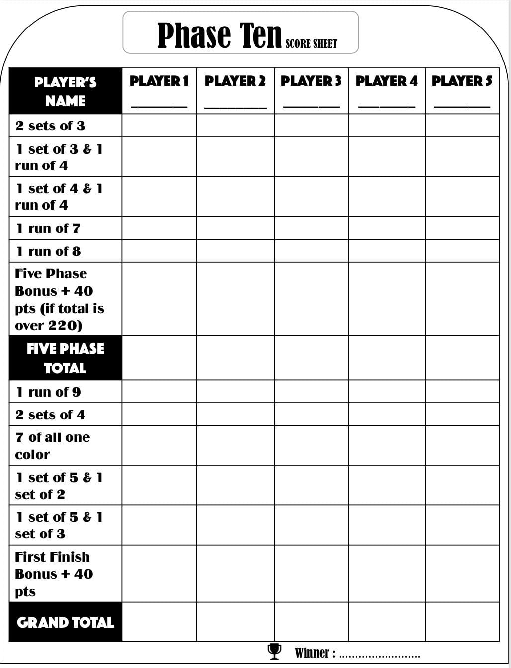 Printable Phase 10 Score Sheet Free Printable