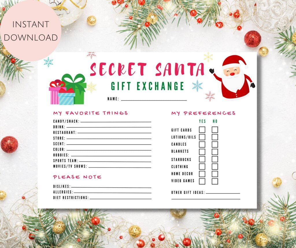 Secret Santa Questionnaire Printable Secret Santa Form Secret Etsy De Free Printable