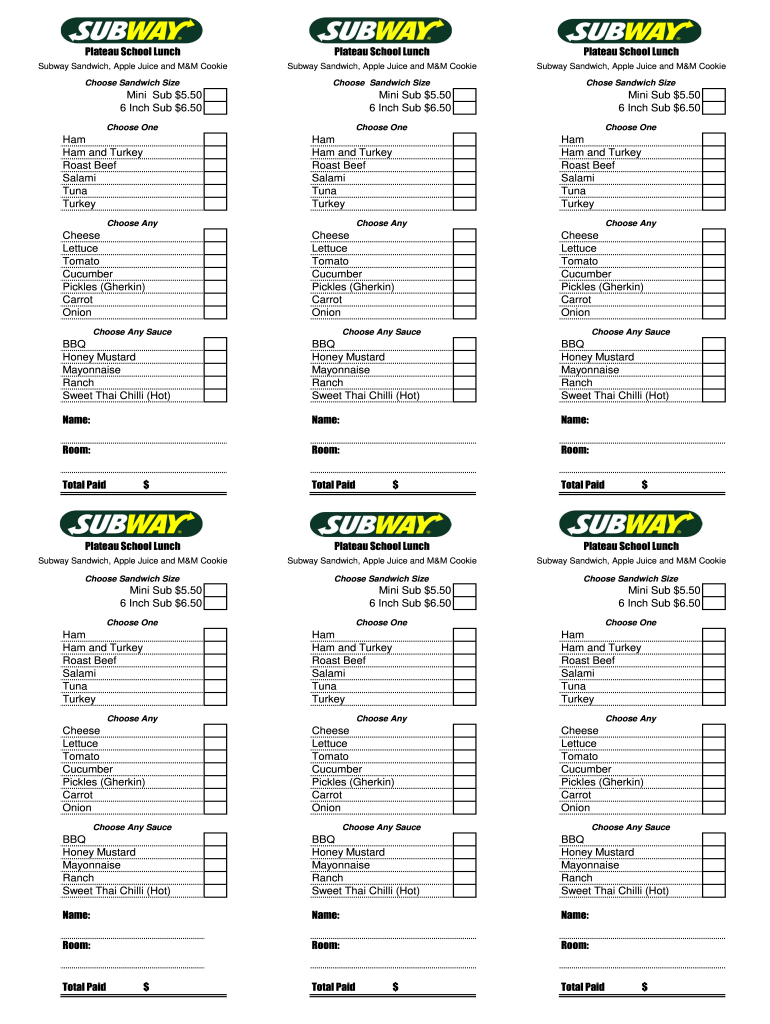 Printable Subway Order Form Free Printable