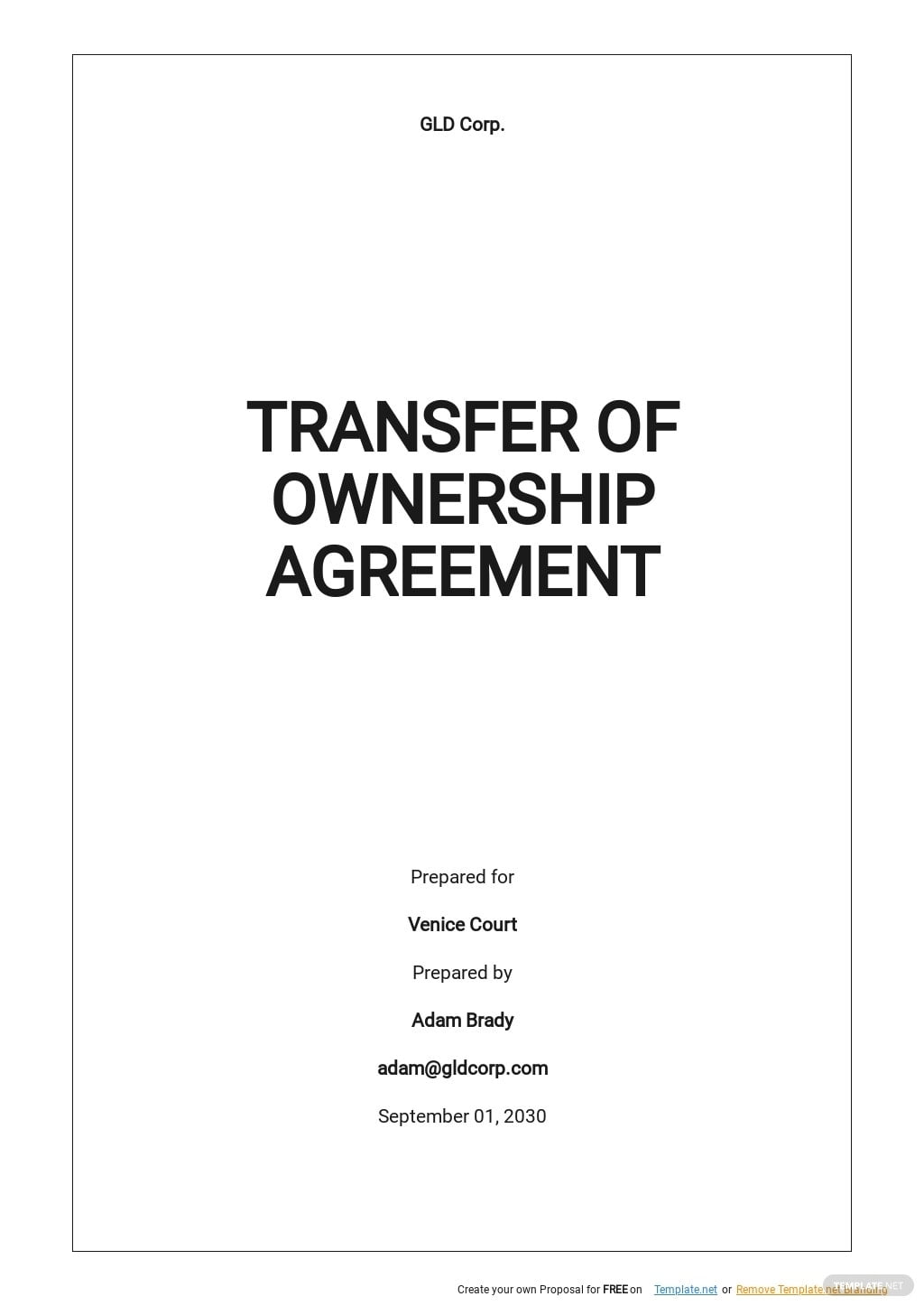 Printable Transfer Of Ownership Agreement Template Free Printable